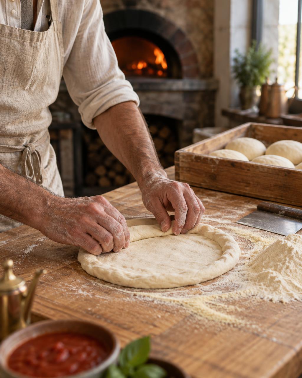 Mains d'un pizzaiolo napolitain façonnant une pâte à pizza sur un plan de travail fariné